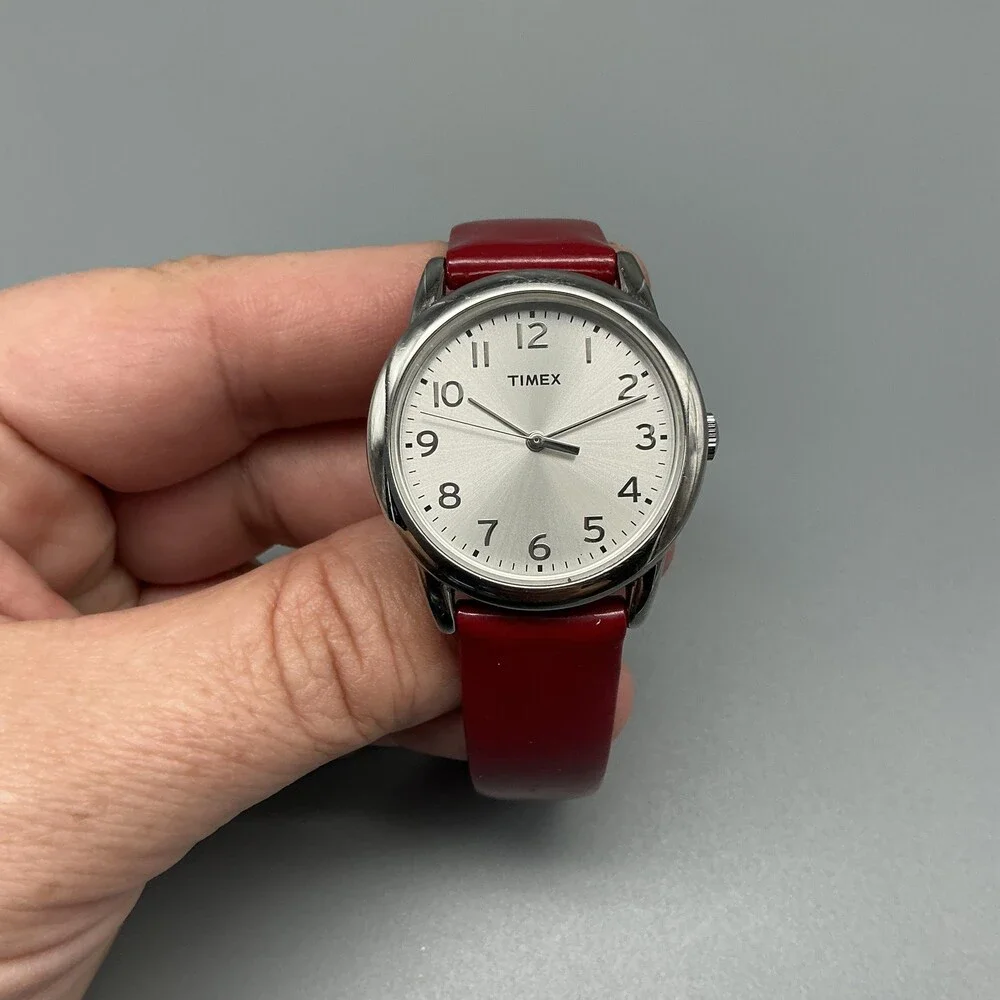 Timex Easy Reader Womens Watch 31mm Silver Tone Red Leather Band New Battery